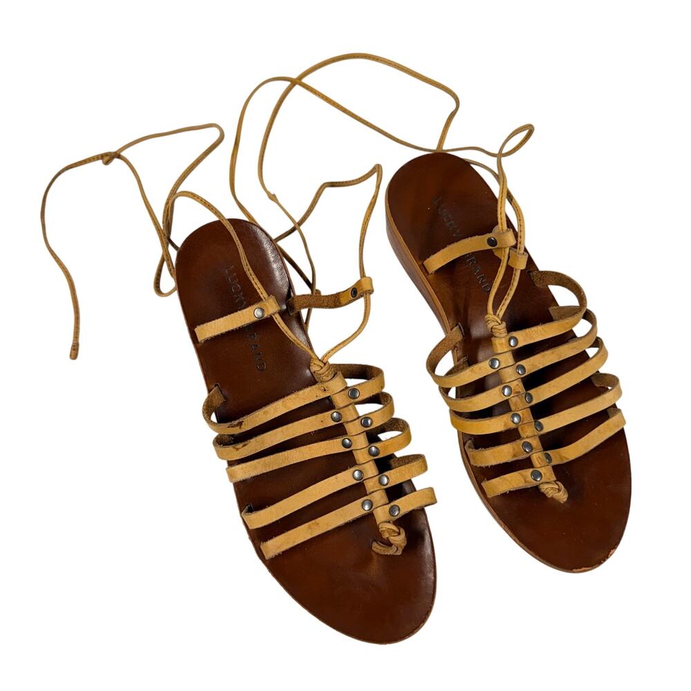 Lucky Brand Hulumi Lace Up Sandals Wedge 7 Leather Gladiator Comfy Casual Boho